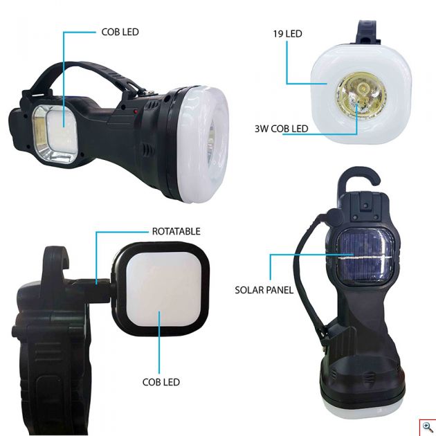 Ηλιακός Φακός & Περιστρεφόμενο Φωτιστικό LED Εργασίας - Camping & Working Lamp 200LM