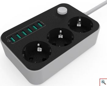Πολύπριζο Ασφαλείας 3 Θέσεων με 6 Θύρες USB 3.4A Ειδανικό για το Γραφείο