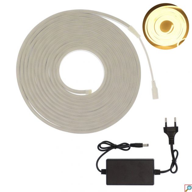Αδιάβροχη IP65 Ταινία LED 12V Θερμό Λευκό Φως 5m - Neon Flex με Τροφοδοτικό