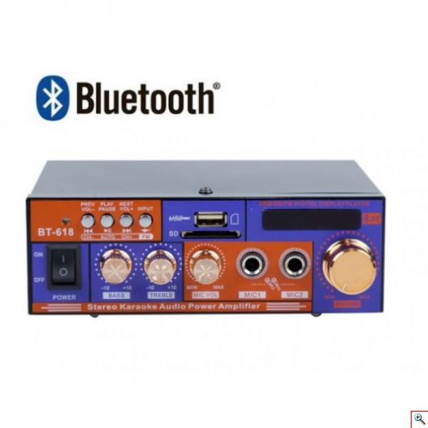 Φορητός Hi-Fi Στέρεο Ραδιοενισχυτής BT-618 30W USB/SD/FM MP3 Ιδανικός για KARAOKE Player 220V -12V Αυτοκινήτου - 2 x Jack 6,3mm με Τηλεχειριστήριο
