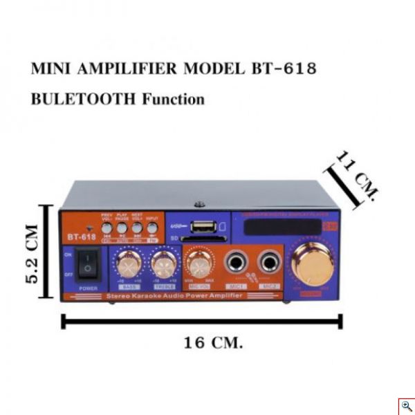 Φορητός Hi-Fi Στέρεο Ραδιοενισχυτής BT-618 30W USB/SD/FM MP3 Ιδανικός για KARAOKE Player 220V -12V Αυτοκινήτου - 2 x Jack 6,3mm με Τηλεχειριστήριο