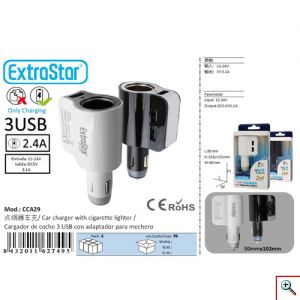 Φορτιστής Αυτοκινήτου ExtraStar 5V με 3x Εξόδους USB 3,1A & Υποδοχή Αναπτήρα