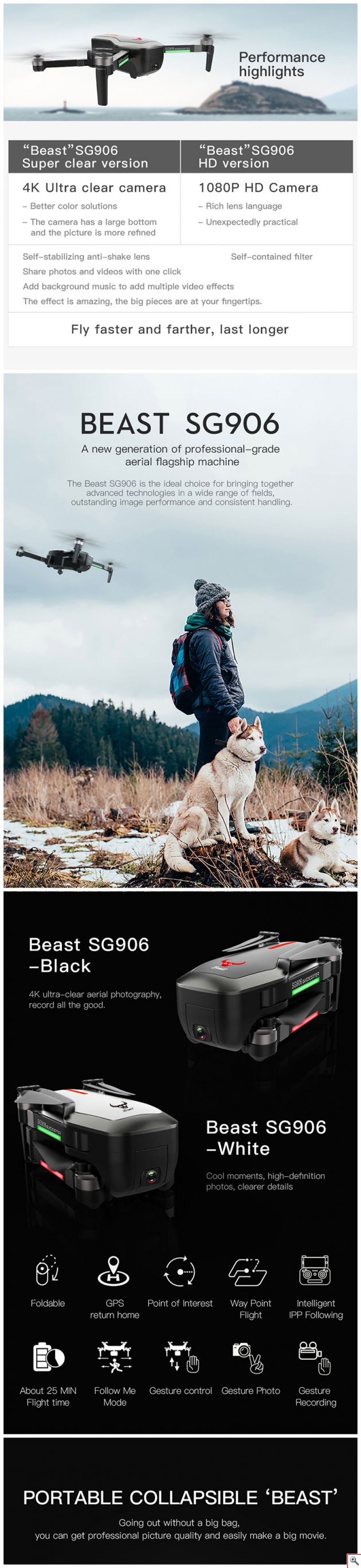 Beast SG906 WiFi Τηλεκατευθυνόμενο Αναδιπλούμενο RC Drone Quadcopter RTF ZLRC GPS 5G WIFI 4K Foldable - Black