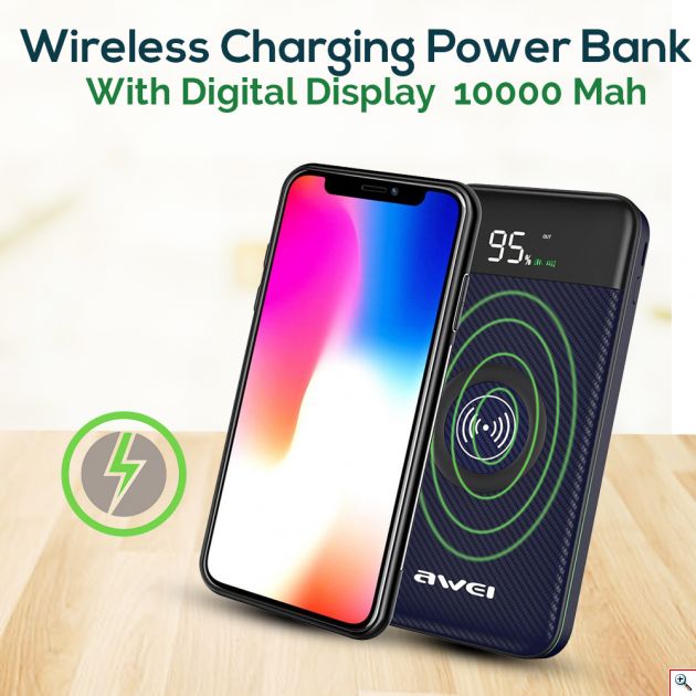 Φορητός Ασύρματος Φορτιστής - Power Bank Awei LCD Screen, USB/Micro USB, Port/Wireless Charging 10000mAh P71K