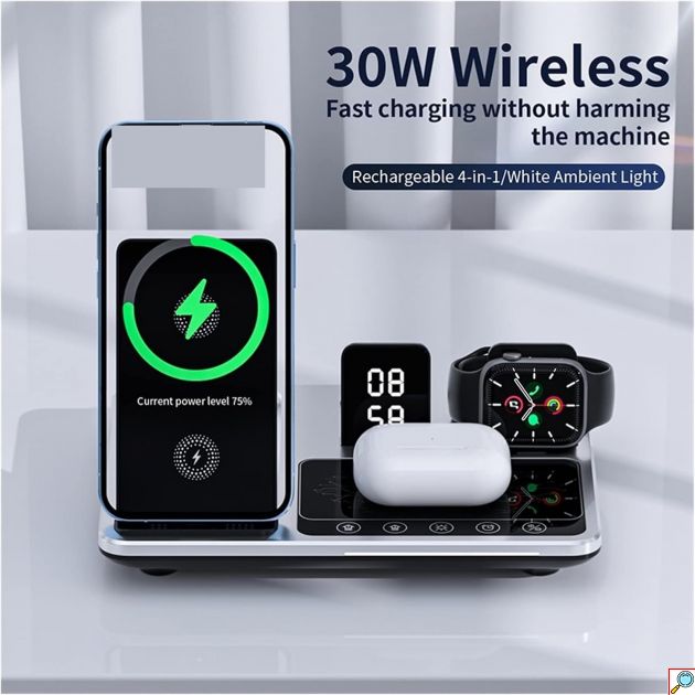 3 σε 1 Πολυλειτουργική Βάση Ασύρματης Φόρτισης Qi με Ψηφιακό Ρολόι & Φωτισμό