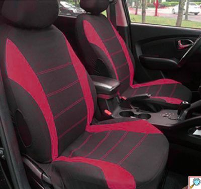 Πλήρες Σετ 9τμχ Universal Προστατευτικά Υφασμάτινα Καλύμματα Καθισμάτων & Μαξιλαριών Αυτοκινήτου με Κόκκινες Ραφές & Μάυρο