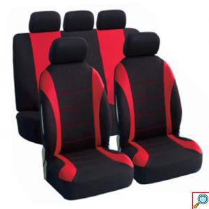 Πλήρες Σετ 9τμχ Universal Προστατευτικά Υφασμάτινα Καλύμματα Καθισμάτων & Μαξιλαριών Αυτοκινήτου με Κόκκινες Ραφές & Μάυρο