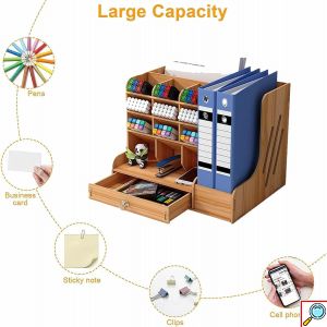 Ξύλινη MDF Επιτραπέζια Θήκη Οργάνωσης Γραφείου με Συρτάρι και Χώρο για Ντοσιέ 33×26×26cm 