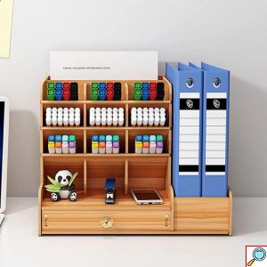 Ξύλινη MDF Επιτραπέζια Θήκη Οργάνωσης Γραφείου με Συρτάρι και Χώρο για Ντοσιέ 33×26×26cm 