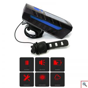 4-1 Φακός Πορείας LED, Κόρνα Ποδηλάτου, Φορτιστής Smartphones & Δυνατότητα Φόρτισης μέσω Ηλιακού Πάνελ ή μέσω Καλωδίου USB με 3 Λειτουργίες Φωτισμού