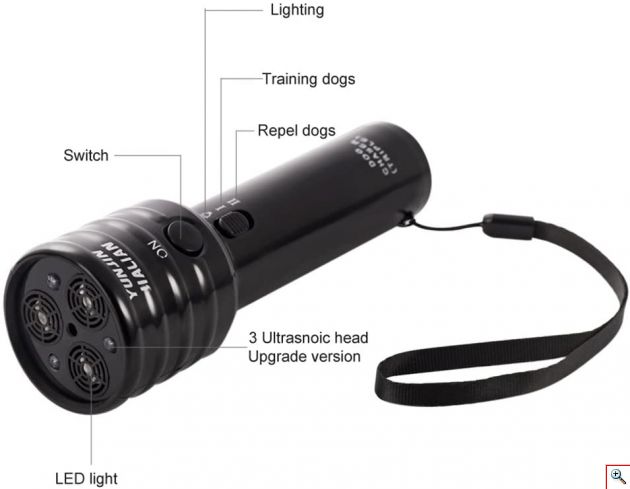 Ηλεκτρονικός Απωθητής - Εκπαιδευτής Σκύλων με Τριπλό Σύστημα με Υπερήχους και Τριπλό Φακό 