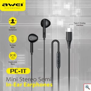Awei® Ενσύρματα Ακουστικά Handsfree με Βύσμα Type C Μαύρα - In-ear Handsfree PC-1T