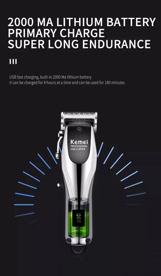 Kemei® Πλήρες Premium Σετ Κουρέματος Barber με Eπαναφορτιζόμενη USB Κουρευτική Ξυριστική Μηχανή με Οθόνη, 7 Κεφαλές Σβησίματος, Χτένα & Ψαλίδι