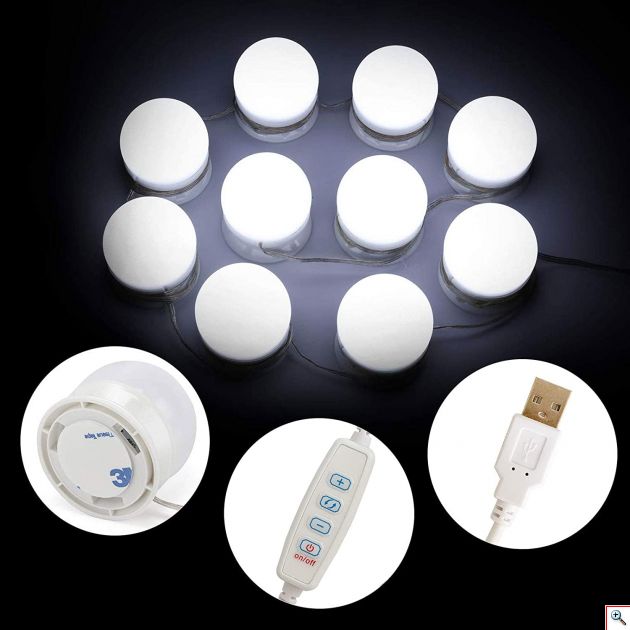 Εντυπωσιακός Led Αυτοκόλλητος Φωτισμός Τύπου Hollywood Για Καθρέπτη Μακιγιάζ Τουαλέτας με Ρυθμιζόμενο Φωτισμό USB