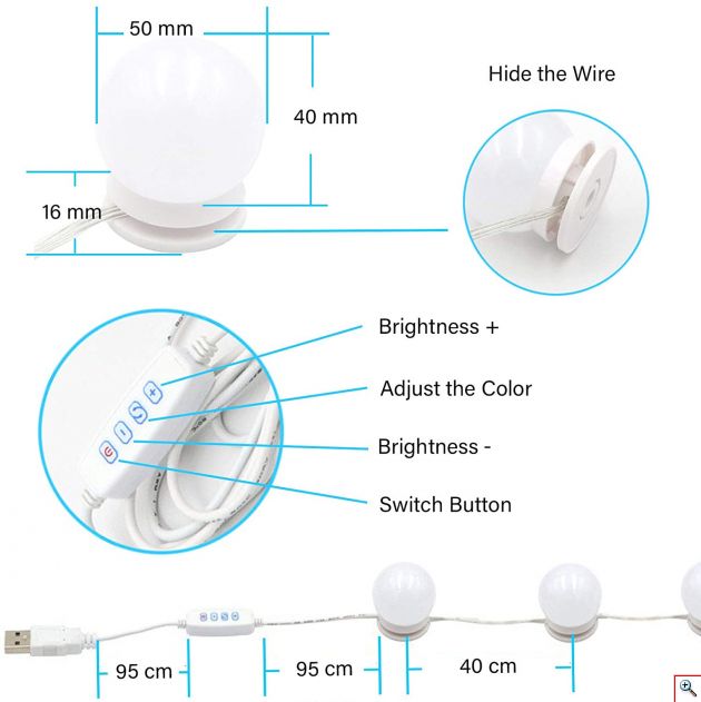 Εντυπωσιακός Led Αυτοκόλλητος Φωτισμός Τύπου Hollywood Για Καθρέπτη Μακιγιάζ Τουαλέτας με Ρυθμιζόμενο Φωτισμό USB