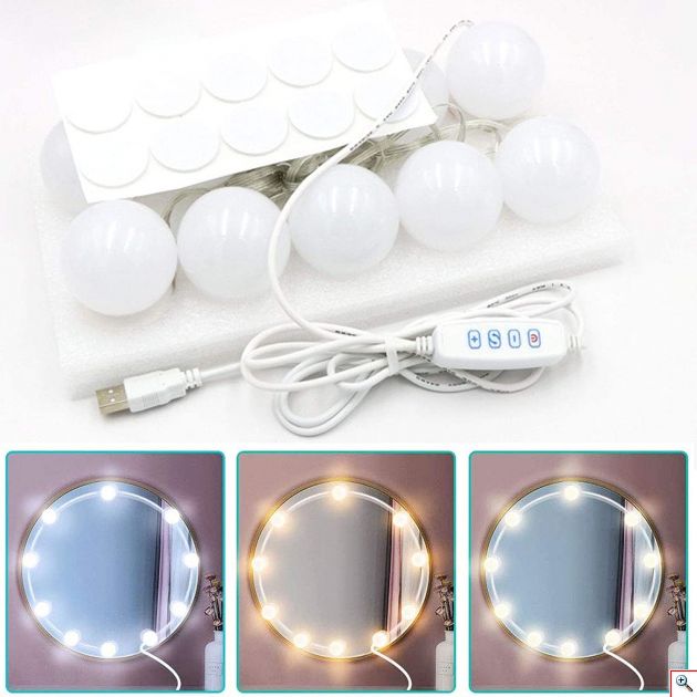 Εντυπωσιακός Led Αυτοκόλλητος Φωτισμός Τύπου Hollywood Για Καθρέπτη Μακιγιάζ Τουαλέτας με Ρυθμιζόμενο Φωτισμό USB