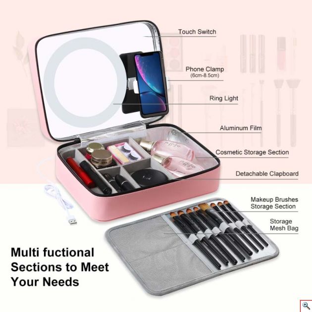 Βαλίτσα - Θήκη Μακιγιάζ με Καθρέφτη, Βάση Κινητού & Ring LED Φωτισμό USB - Cosmetic Storage Box 