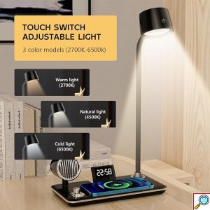 4 σε 1 Επιτραπέζια Λάμπα LED με Ηχείο Bluetooth, Ασύρματο Φορτιστή 15W & Ρολόι