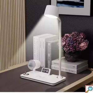 4 σε 1 Επιτραπέζια Λάμπα LED με Ηχείο Bluetooth, Ασύρματο Φορτιστή 15W & Ρολόι