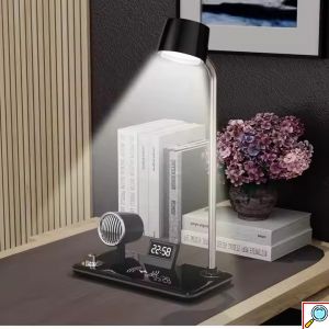 4 σε 1 Επιτραπέζια Λάμπα LED με Ηχείο Bluetooth, Ασύρματο Φορτιστή 15W & Ρολόι