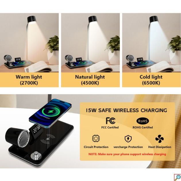 4 σε 1 Επιτραπέζια Λάμπα LED με Ηχείο Bluetooth, Ασύρματο Φορτιστή 15W & Ρολόι