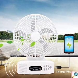 Andowl® Φορητός Επιδαπέδιος Ηλιακός Ανεμιστήρας 30cm με 3 Ταχύτητες - Bluetooth Ηχέιο & Ραδιόφωνο & Φωτιστικό LED Λευκός