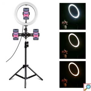 Φωτογραφικό Φωτιστικό Δαχτυλίδι LED 26cm USB με Ρυθμιζόμενο Θερμό & Ψυχρό Φωτισμό - Dimmer - Τρίποδο & 3 Βάσεις Στήριξης Κινητού - Ring Light Lamp