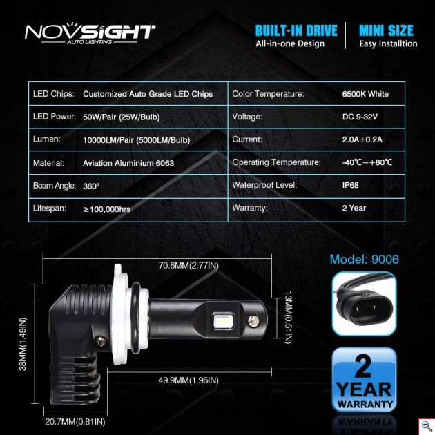 Λάμπες NovSight - Φώτα Αυτοκινήτου H7 60W 8000LM 6500K - Car LED Headlight