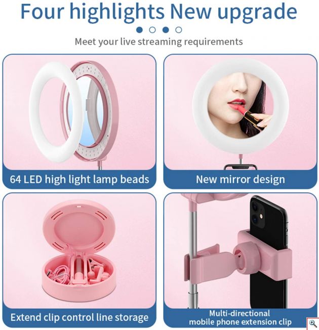 Καθρέπτης Live Streaming Μακιγιάζ με Φωτισμό Δαχτυλίδι LED με Βάση Κινητού 2 σε 1 - Πτυσσόμενο Φωτογραφικό Δαχτυλίδι Make up Mirror w/ Ring light
