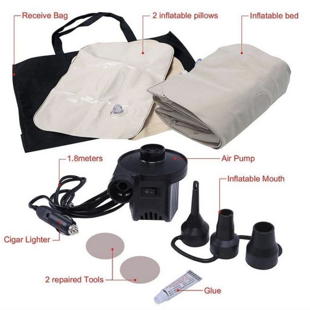 Φουσκωτό Στρώμα Αυτοκινήτου με Τρόμπα 12V & Κιτ Επισκευής για το Πίσω Κάθισμα - Κρεβάτι Οχήματος Ταξιδιού Μπεζ