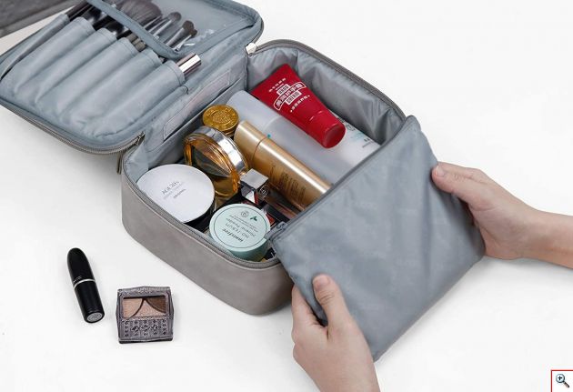 Μαλακό Αδιάβροχο Βελουτέ Τσαντάκι - Νεσεσέρ για Μακιγιάζ - Grey Velvet Makeup Bag