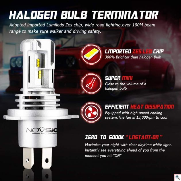 Novsight LED Λάμπες Αυτοκινήτου H4 60W 10,000Lm 6000K A500-N30S