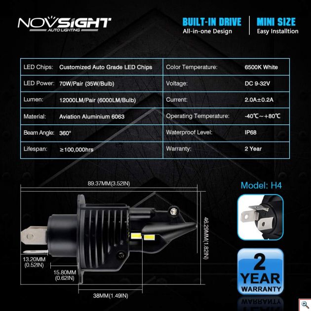 NovSight Φώτα - Λάμπες Αυτοκινήτου A500-N20B-H4 60W 8000LM 6500K