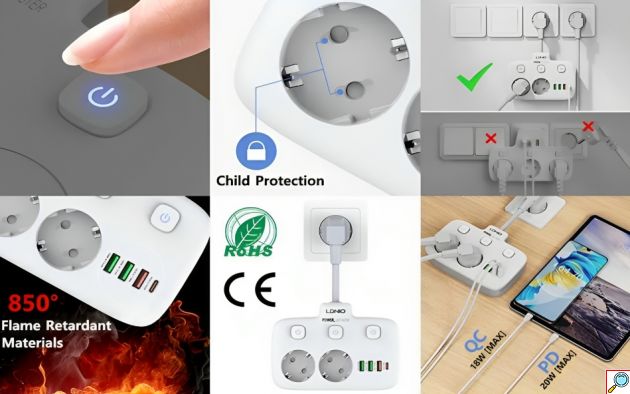 LDNIO Πολύπριζο 2 Θέσεων με Διακόπτες ON/OFF και 3 USB-A & USB-C - Intelligent Power Strip