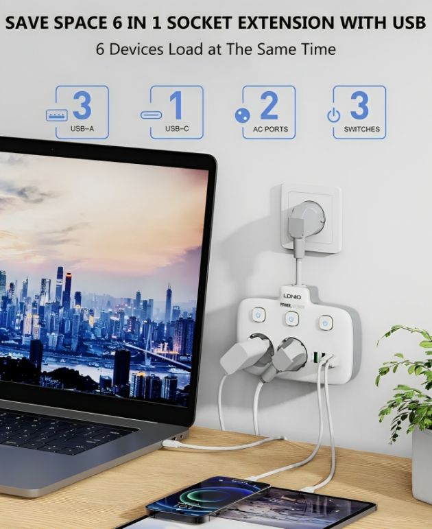 LDNIO Πολύπριζο 2 Θέσεων με Διακόπτες ON/OFF και 3 USB-A & USB-C - Intelligent Power Strip