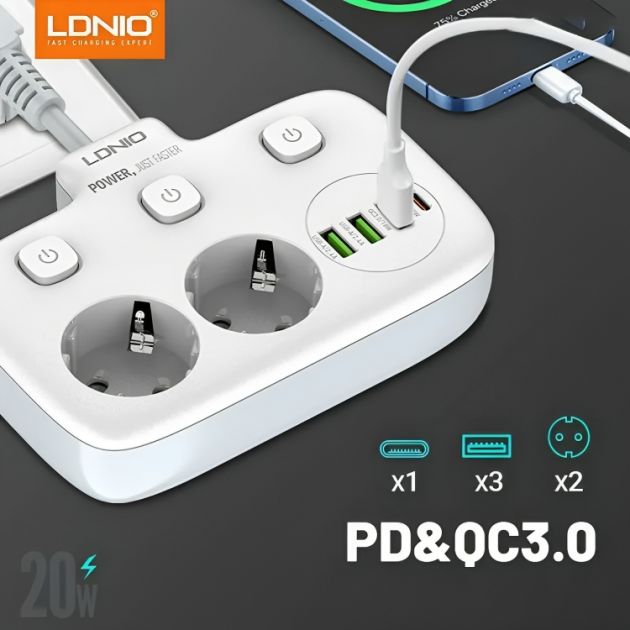LDNIO Πολύπριζο 2 Θέσεων με Διακόπτες ON/OFF και 3 USB-A & USB-C - Intelligent Power Strip