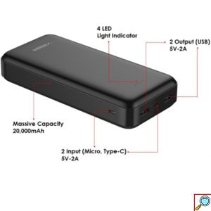Φορητός Φορτιστής Powerbank - Μπαταρία Φόρτισης Κινητών 20000mAh Veger Μαύρο