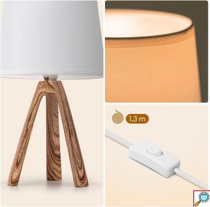 Μοντέρνο Επιτραπέζιο Φωτιστικό – Πορτατίφ για Ντουί E14 40W με Λευκό Καπέλο και Ξύλινη Βάση Aigostar