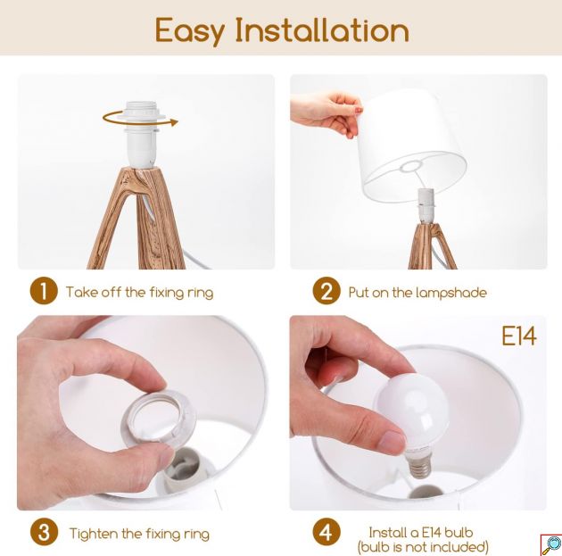 Μοντέρνο Επιτραπέζιο Φωτιστικό – Πορτατίφ για Ντουί E14 40W με Λευκό Καπέλο και Ξύλινη Βάση Aigostar