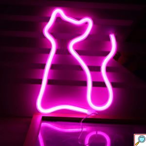 LED Επιτοίχιο Διακοσμητικό Φωτιστικό Neon με Τροφοδοσία USB ή Μπαταρίες με Σχέδιο Γατούλα σε Ροζ Χρώμα