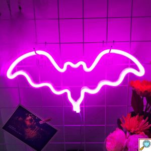 LED Επιτοίχιο Διακοσμητικό Φωτιστικό Neon με Τροφοδοσία USB ή Μπαταρίες με Σχέδιο Nυχτερίδα σε Ροζ Χρώμα