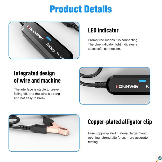 Αναλογικό Διαγνωστικό Μπαταριών - Automotive Battery Tester με Κροκοδειλάκια και Bluetooth για iOS ή Android Konnwei