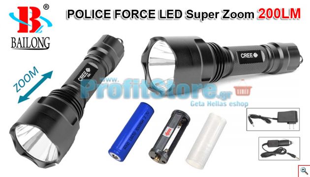 Επαναφορτιζόμενος Φακός LED CREE 200LM SUPER ZOOM - Bailong Police Force