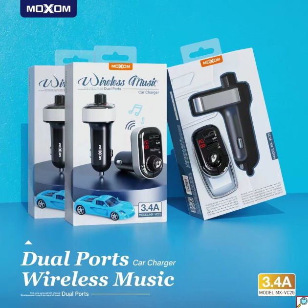 FM Transmitter Αυτοκινήτου με 2 Θύρες USB και Τροφοδοσία Ρεύματος Αναπτήρα Moxom