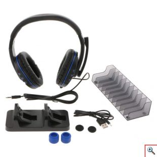 Σετ 5 ΣΕ 1 με Διπλή Βάση Φόρτισης Χειριστηρίων, Gaming Ακουστικά με Μικρόφωνο & Βάση Στήριξη Παιχνιδιών PS4 - Charging Dock, Headphones & Stand for PS4 Controllers DOBE