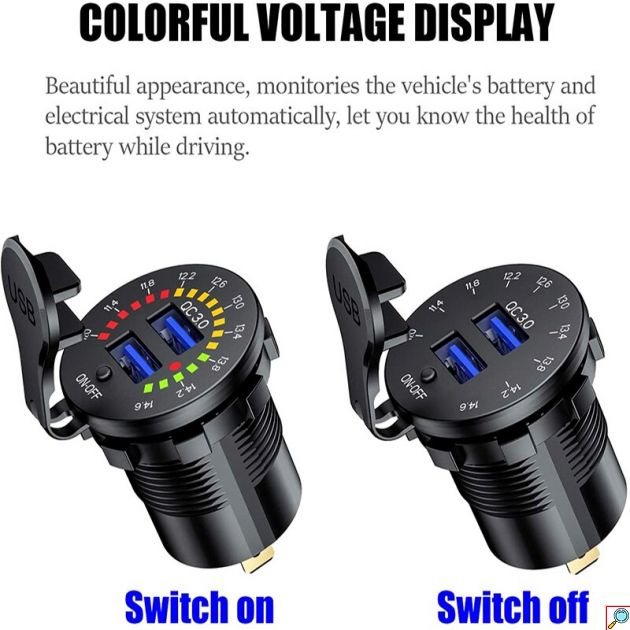 Αδιάβροχος 2x USB Ταχύ Φορτιστής QC3.0 12V Μηχανής / Μοτοσυκλέτας με Φωτεινό Βολτόμετρο - Μαύρο