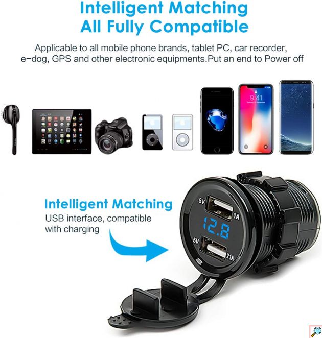 Διπλός USB Αδιάβροχος Φορτιστής & Βολτόμετρο έως 15V με LED Οθόνη - για Μηχανή / Μοτοσικλέτα & Σκάφος