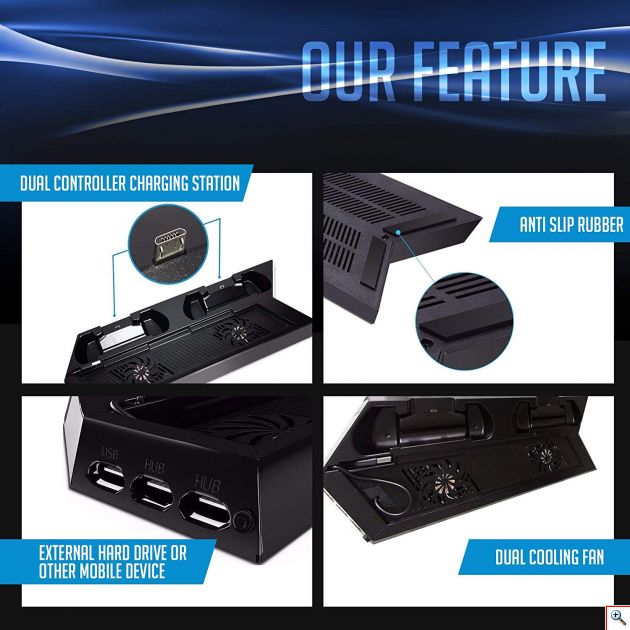 Κάθετη Διπλή Βάση Φόρτισης Χειριστηρίων PS4 & Stand με Ανεμιστήρα Κονσόλας με 3 x USB Θύρες Φόρτισης - PS4 Console Cooling Stand Dobe & Controller Charger