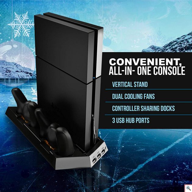 Κάθετη Διπλή Βάση Φόρτισης Χειριστηρίων PS4 & Stand με Ανεμιστήρα Κονσόλας με 3 x USB Θύρες Φόρτισης - PS4 Console Cooling Stand Dobe & Controller Charger