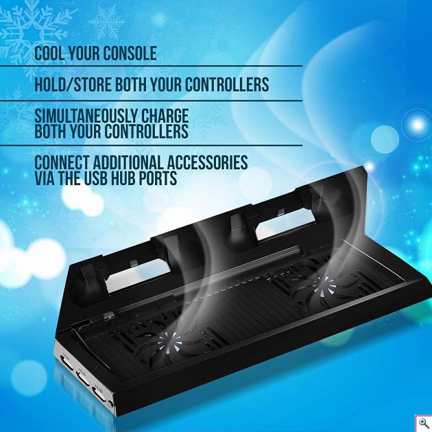 Κάθετη Διπλή Βάση Φόρτισης Χειριστηρίων PS4 & Stand με Ανεμιστήρα Κονσόλας με 3 x USB Θύρες Φόρτισης - PS4 Console Cooling Stand Dobe & Controller Charger